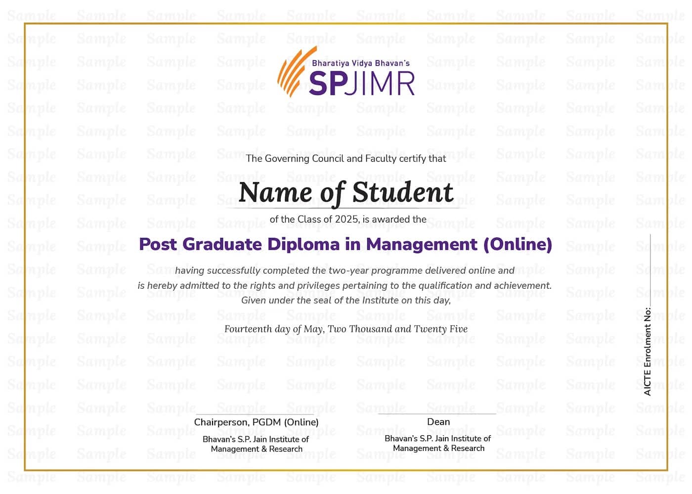 SPJIMR Online Sample Degree Certificate