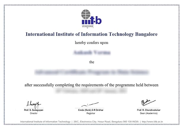 IIIT Bangalore Distance Education Sample Degree Certificate