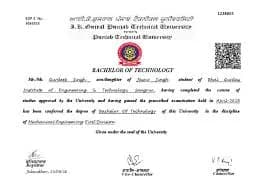 Aryans Group of Colleges Sample Degree Certificate