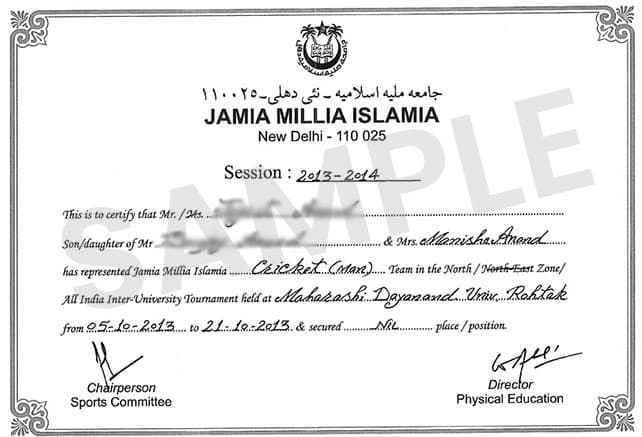 Jamia Millia Islamia Online Sample Degree Certificate