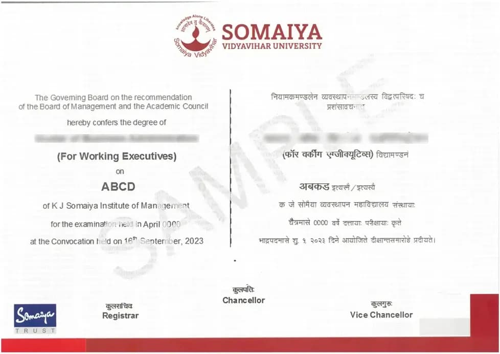 K J Somaiya Institute of Management Online Sample Degree Certificate