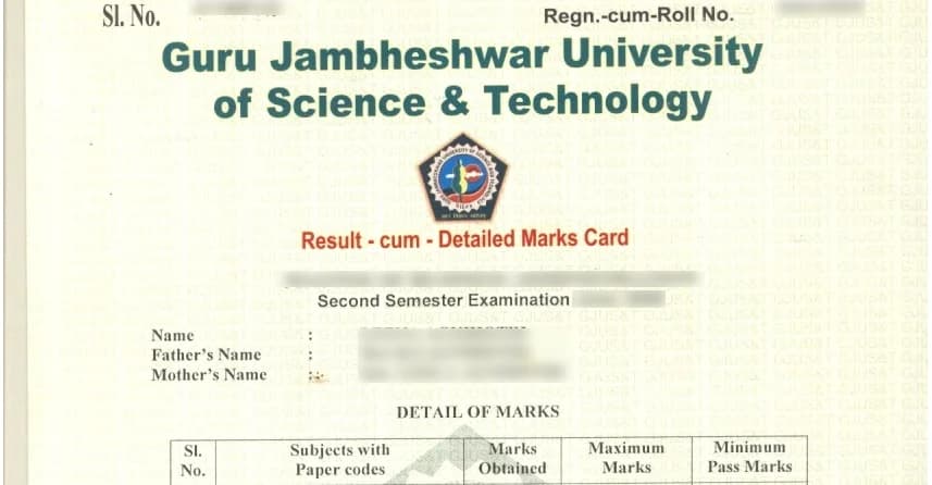 Guru Jambheshwar University of Science and Technology – Directorate of Distance Education Sample Degree Certificate