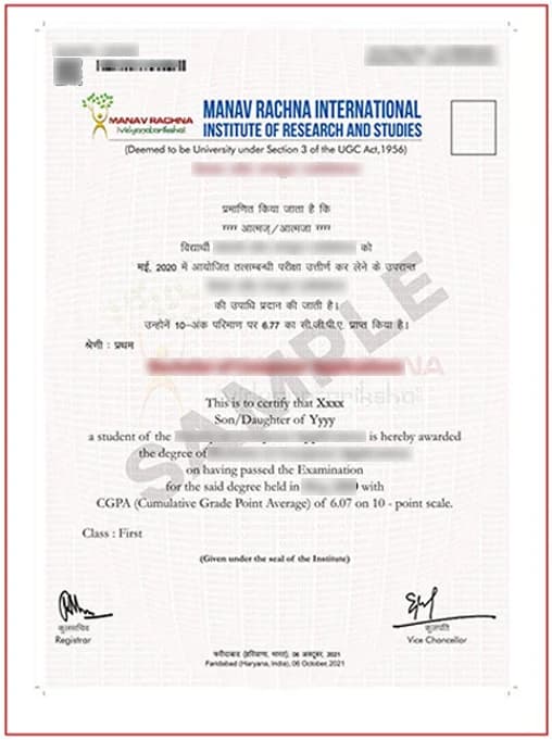 Manav Rachna University Online Sample Degree Certificate