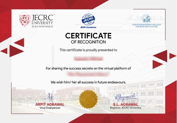 JECRC University Online Sample Degree Certificate