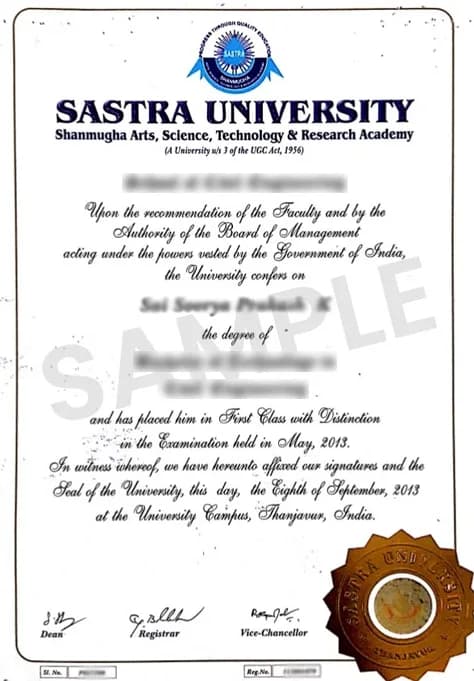 Sastra University Online Sample Degree Certificate