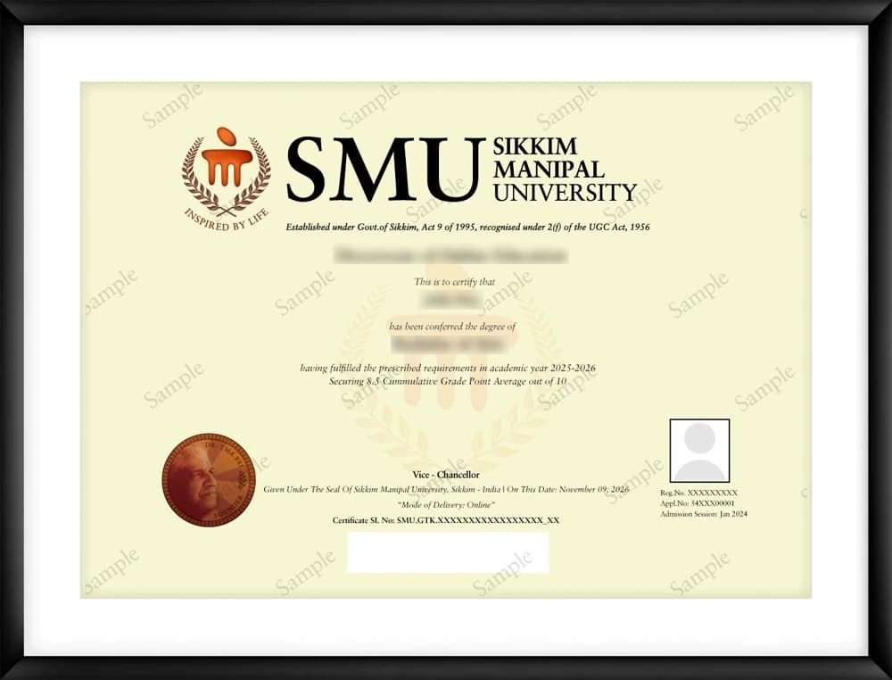 Sikkim Manipal University Distance Education Sample Degree Certificate