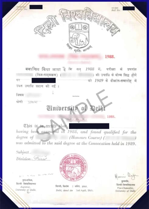 School of Open Learning, University of Delhi (DU SOL) Sample Degree Certificate