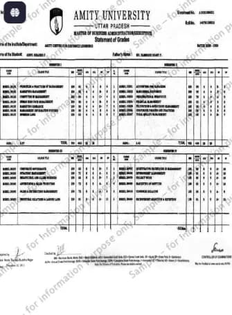 Amity University Mohali Sample Degree Certificate