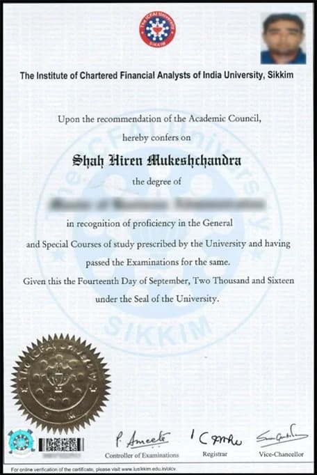 ICFAI University Online Courses Sample Degree Certificate