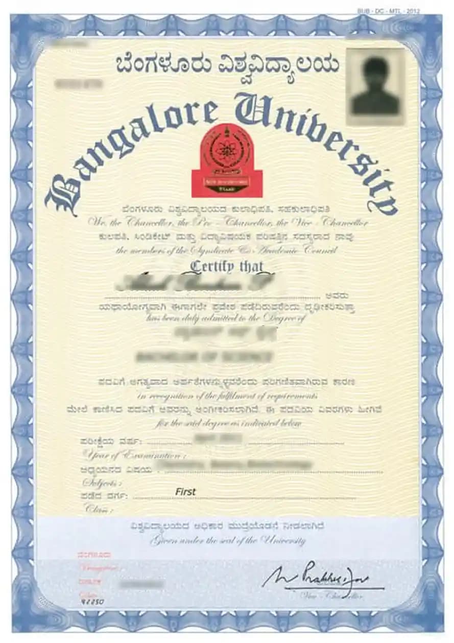Bangalore University Online Sample Degree Certificate