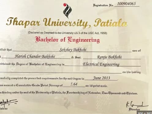 Thapar Institute of Engineering and Technology Patiala Sample Degree Certificate