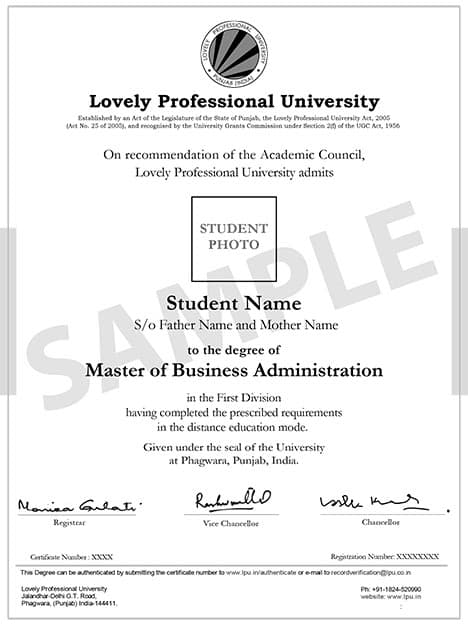 Lovely Professional University Distance Education Sample Degree Certificate