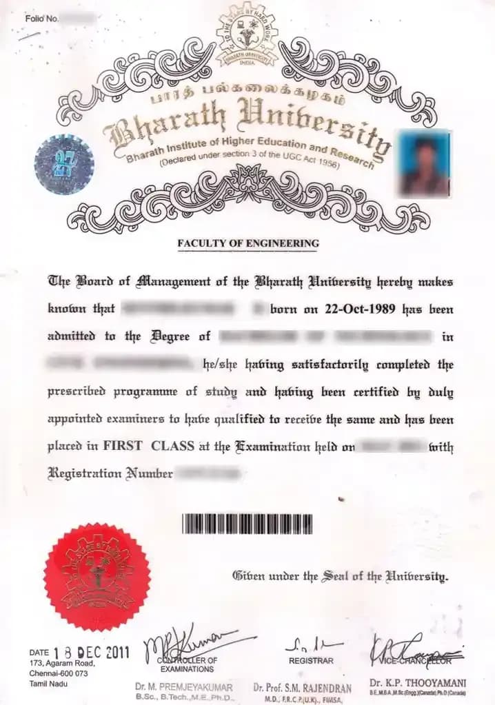 Bharath Institute of Higher Education and Research – Distance Learning Sample Degree Certificate