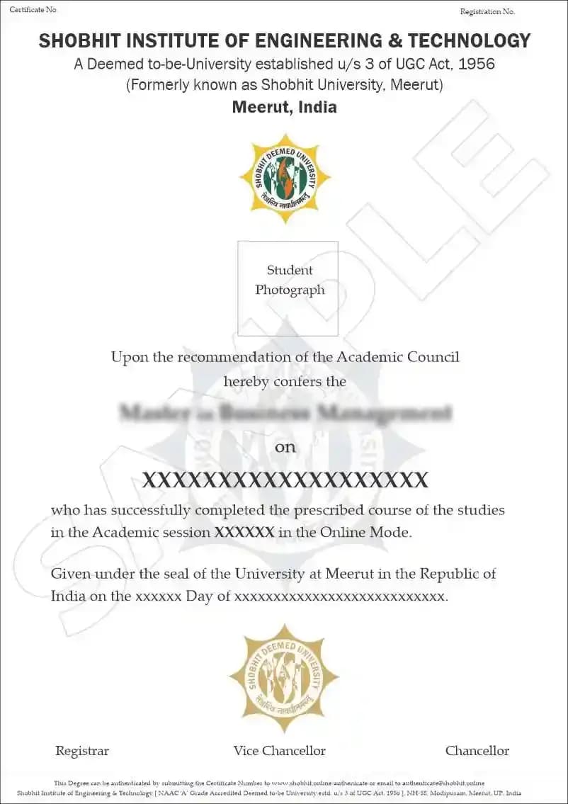 Shobhit University Online Sample Degree Certificate