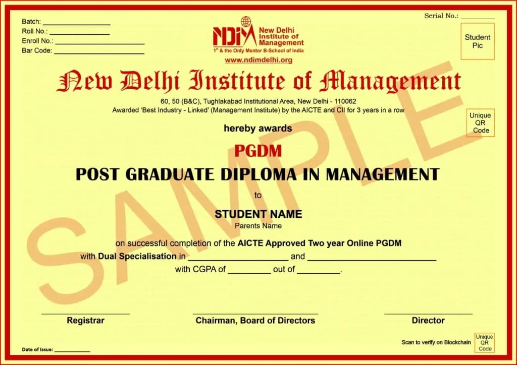 NDIM Institute Online Sample Degree Certificate
