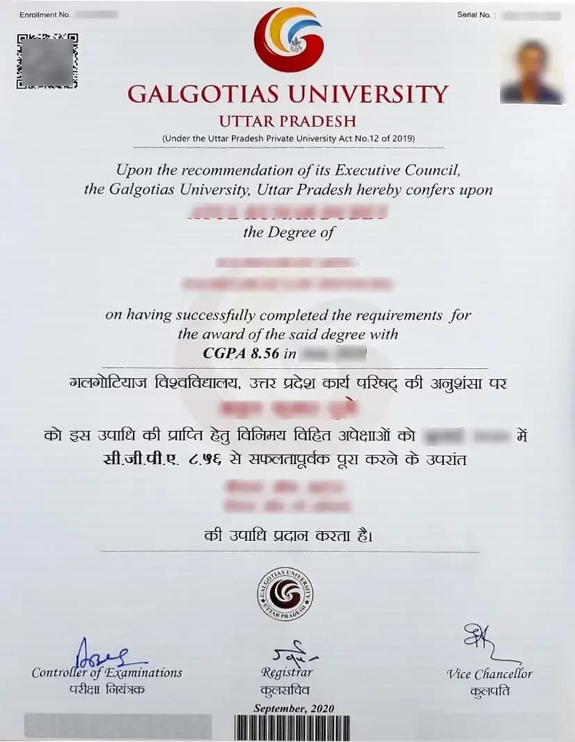Galgotias University Online Sample Degree Certificate