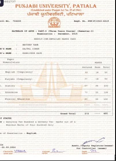 Punjabi University, Patiala Sample Degree Certificate