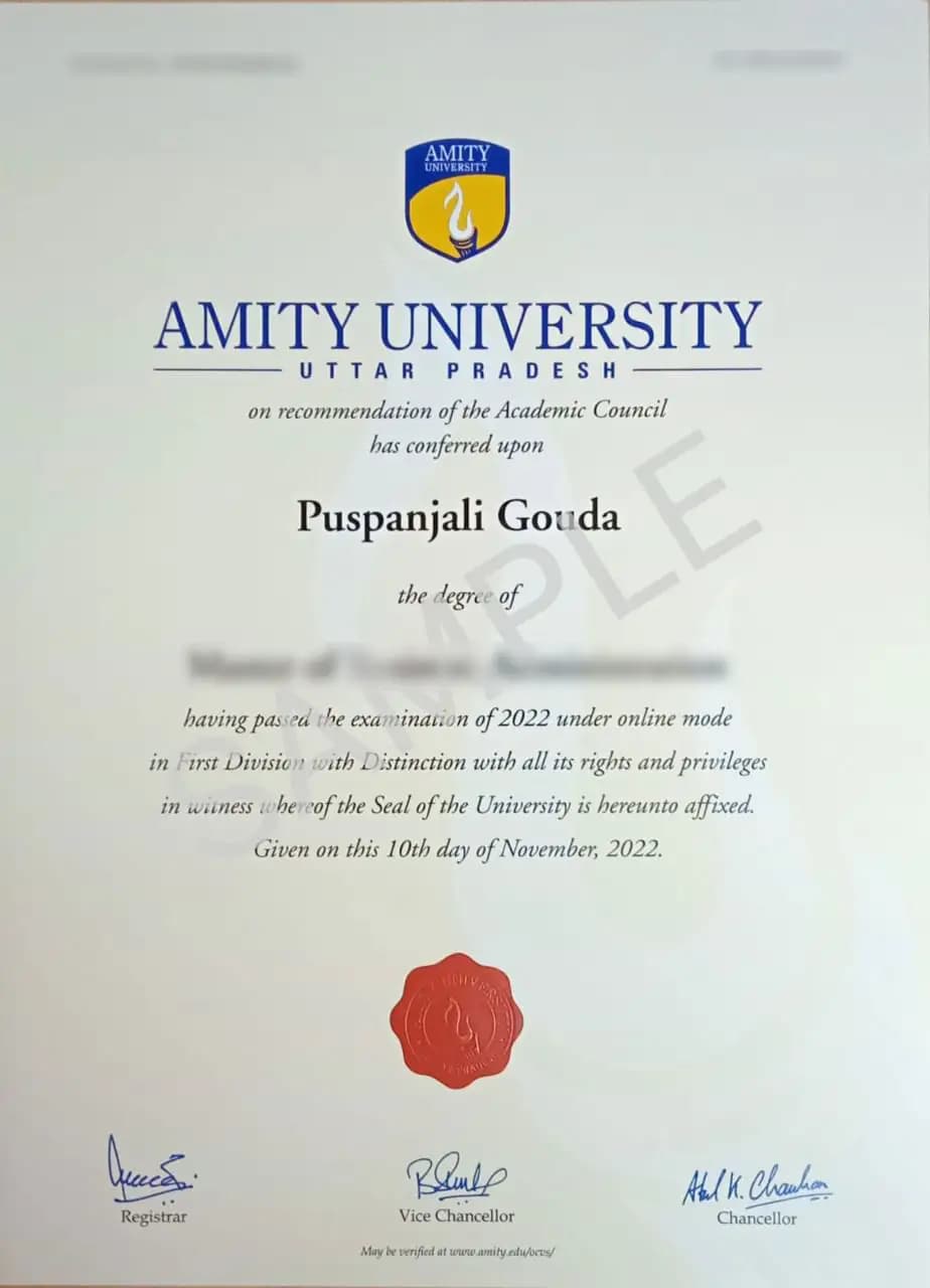 Amity University Online Courses & Admission 2026 Sample Degree Certificate