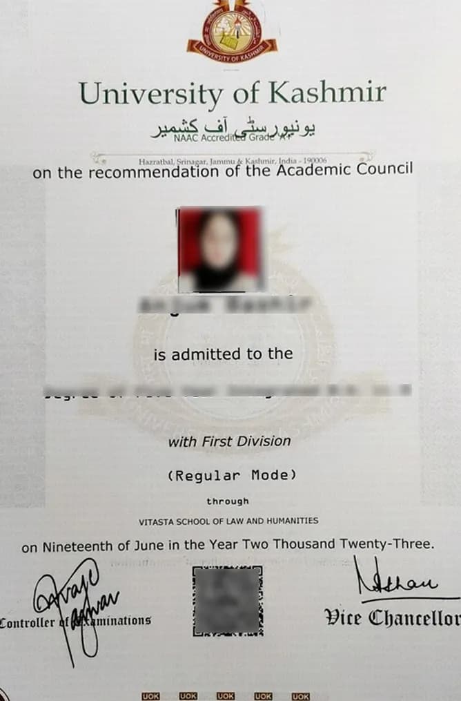 University of Kashmir Distance Education Sample Degree Certificate