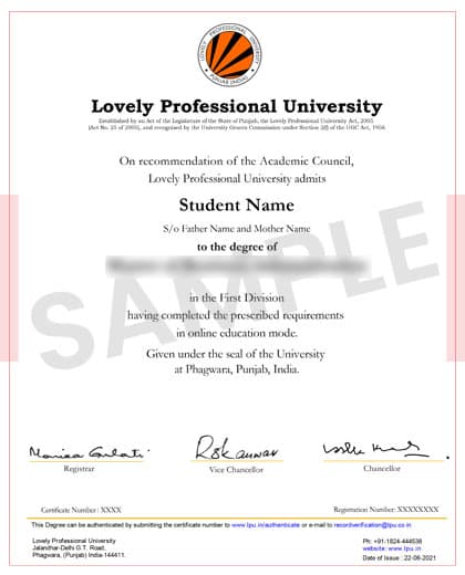 Lovely Professional University Online Sample Degree Certificate