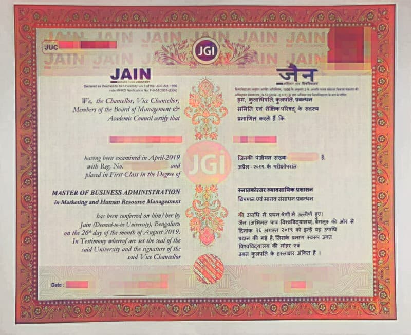 Jain University (Deemed-to-be) – Online & Distance Learning Sample Degree Certificate