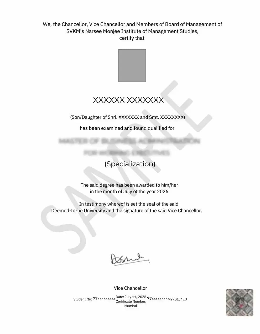 NMIMS Online Courses & Admissions 2026 Sample Degree Certificate