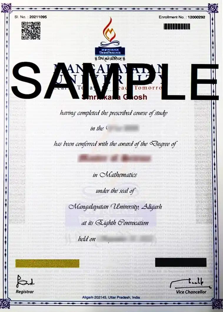 Mangalayatan University Distance and Online Program 2026 Sample Degree Certificate