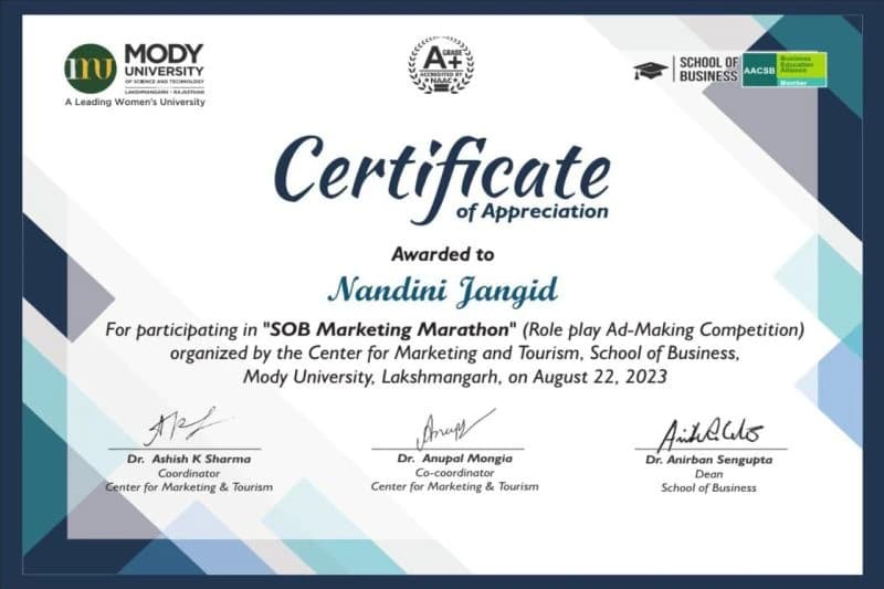 Mody University Online 2025 –UG & PG Courses for Women Sample Degree Certificate