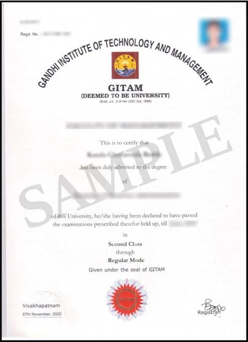 GITAM University Distance Education Sample Degree Certificate