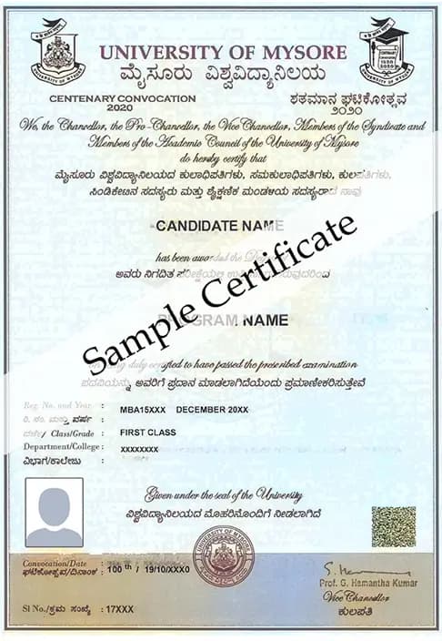 University of Mysore Distance Education Sample Degree Certificate