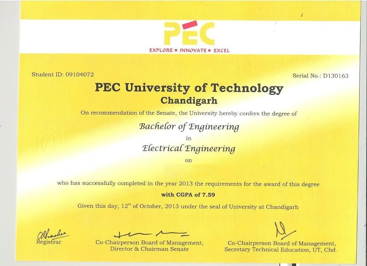 Punjab Engineering College Chandigarh Sample Degree Certificate