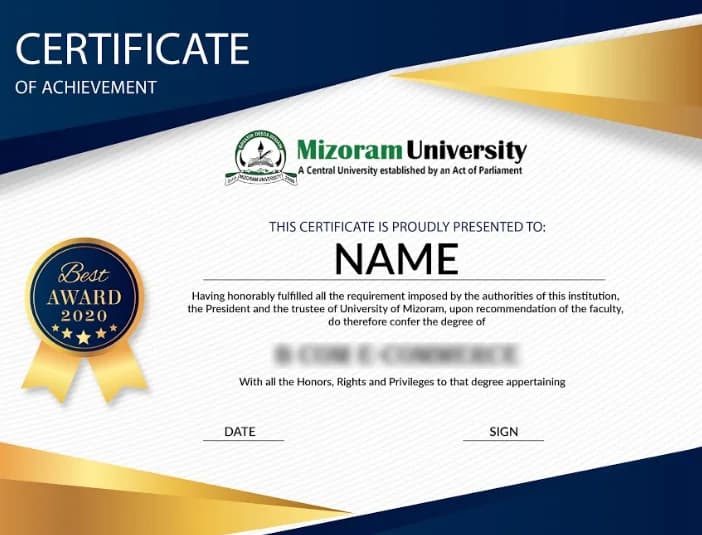 Mizoram University Distance Education Sample Degree Certificate
