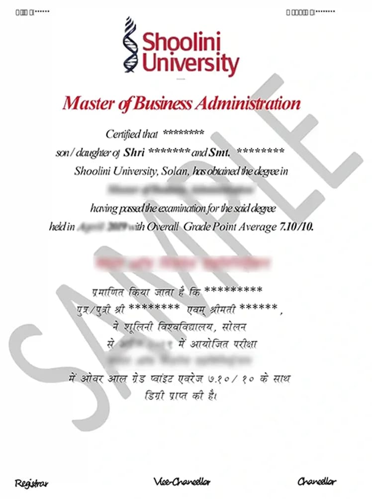 Shoolini University Online Sample Degree Certificate