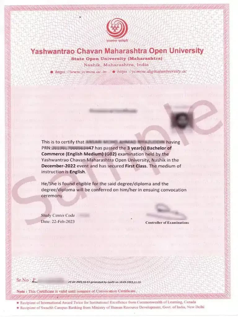 Yashwantrao Chavan Maharashtra Open University (YCMOU) Sample Degree Certificate