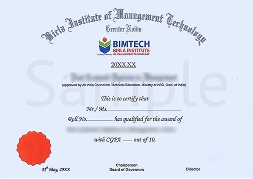 BIMTECH Online PGDM Courses & Admission 2025 Sample Degree Certificate