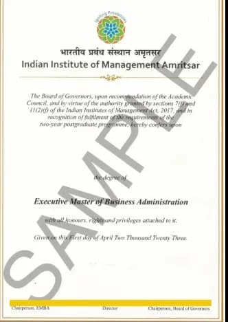 IIM Amritsar-Indian Institute of Management Sample Degree Certificate