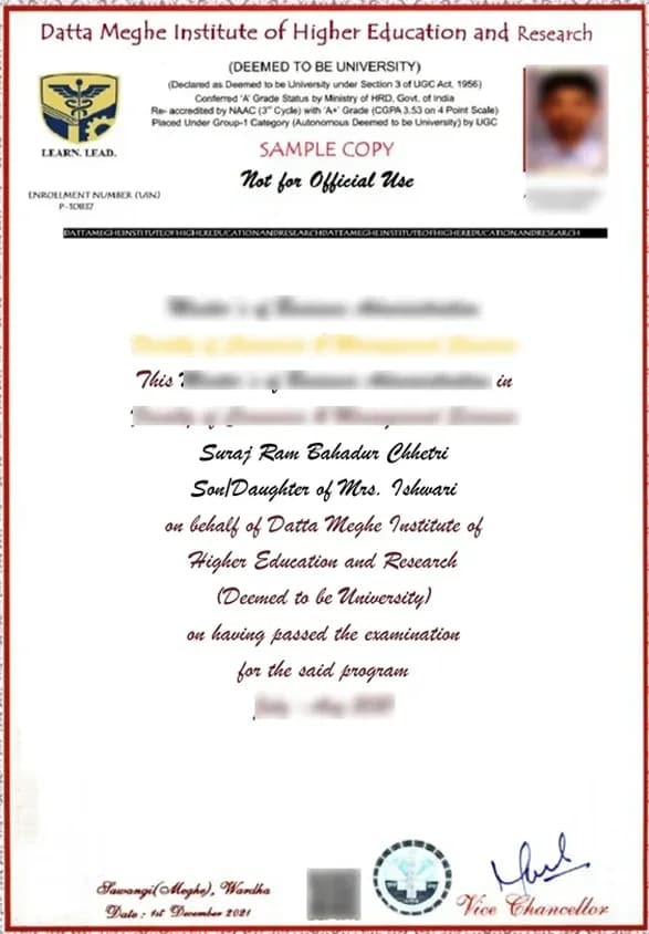 Datta Meghe Institute of Higher Education & Research Online Courses Sample Degree Certificate