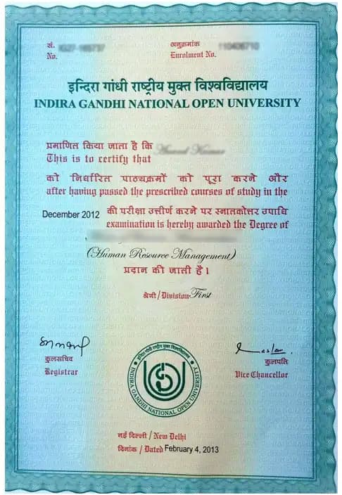 Indira Gandhi National Open University Sample Degree Certificate