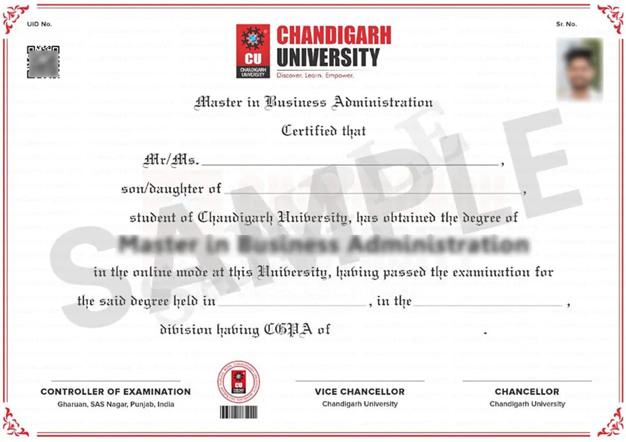 Chandigarh University Online Sample Degree Certificate