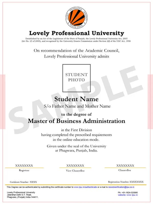 Lovely Professional University Phagwara Sample Degree Certificate