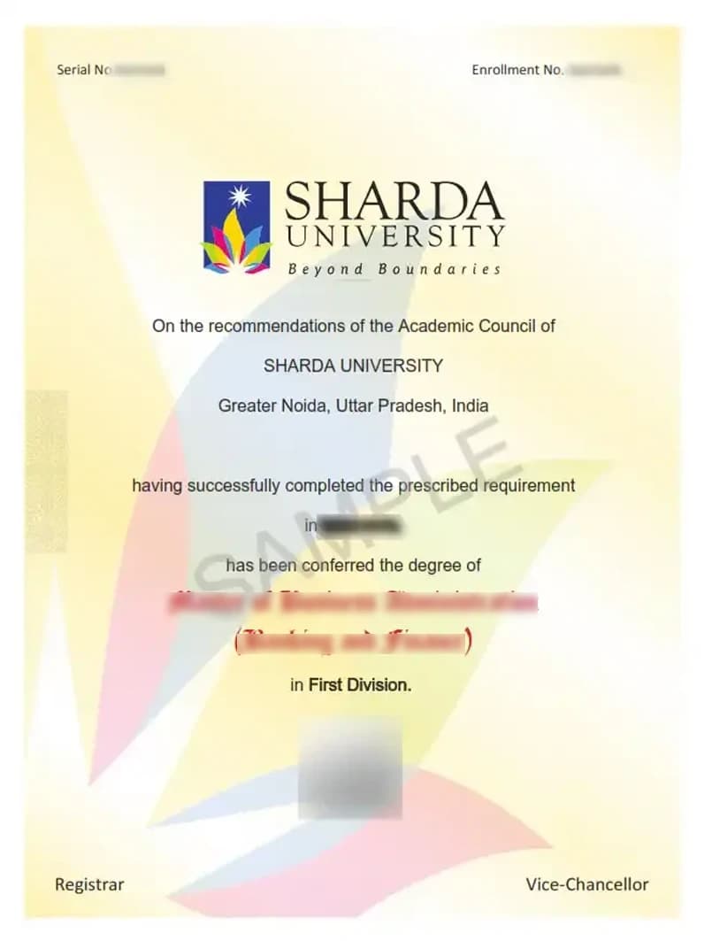 Sharda University Online Education Programs 2025 Sample Degree Certificate
